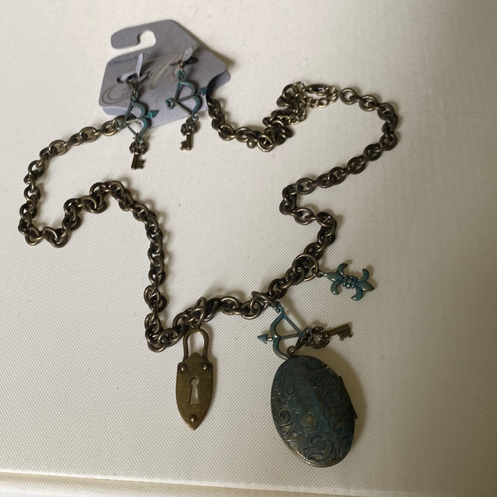 NWT Antique-looking Necklace with Locket & Charms with matching earrings